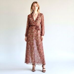 Lux LA Burgundy Floral Long Sheer Dress Flowy Maxi Shirt High Slits Sz S NWT